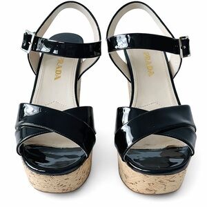 Prada Black Patent Leather Cork Platform Wedge Sandals EU 39